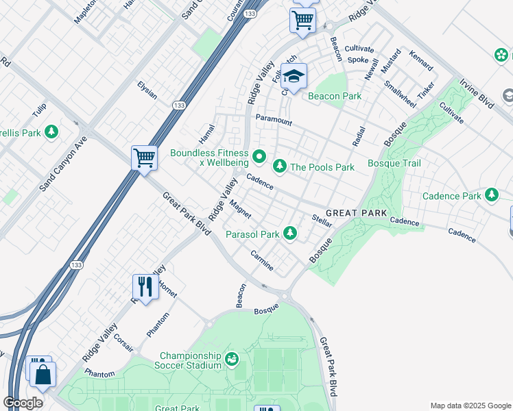 map of restaurants, bars, coffee shops, grocery stores, and more near 118 Stellar in Irvine