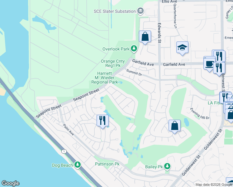 map of restaurants, bars, coffee shops, grocery stores, and more near 19032 Avondale Lane in Huntington Beach