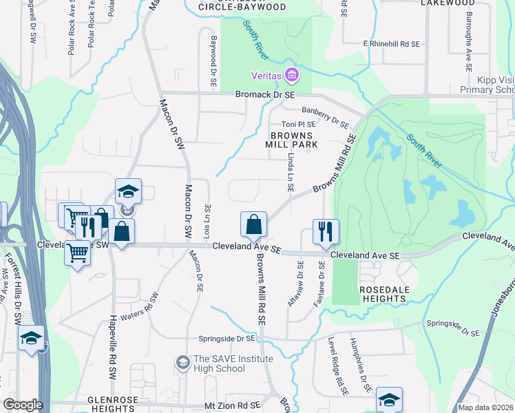 map of restaurants, bars, coffee shops, grocery stores, and more near 2637 Browns Mill Road Southeast in Atlanta