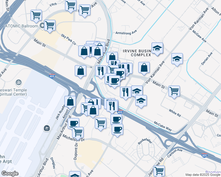 map of restaurants, bars, coffee shops, grocery stores, and more near 2030 South Main Street in Santa Ana