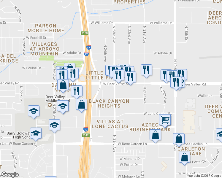map of restaurants, bars, coffee shops, grocery stores, and more near 21611 North 23rd Avenue in Phoenix