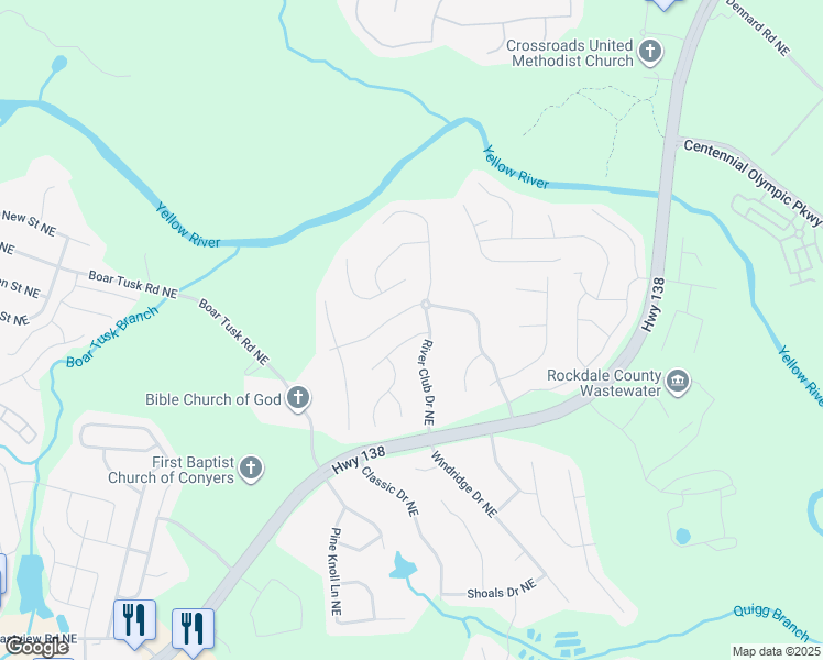 map of restaurants, bars, coffee shops, grocery stores, and more near 1105 River Tusk Place Northeast in Conyers