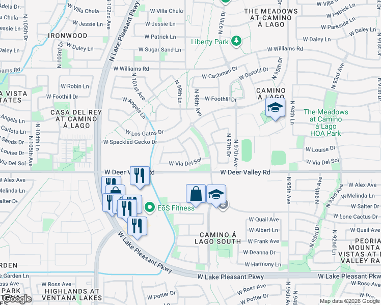 map of restaurants, bars, coffee shops, grocery stores, and more near 21921 North 98th Lane in Peoria