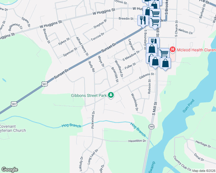 map of restaurants, bars, coffee shops, grocery stores, and more near 408 Briarcliff Street in Manning