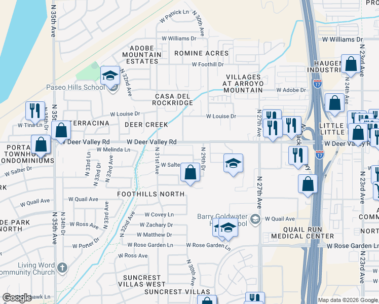 map of restaurants, bars, coffee shops, grocery stores, and more near 3016 West Salter Drive in Phoenix