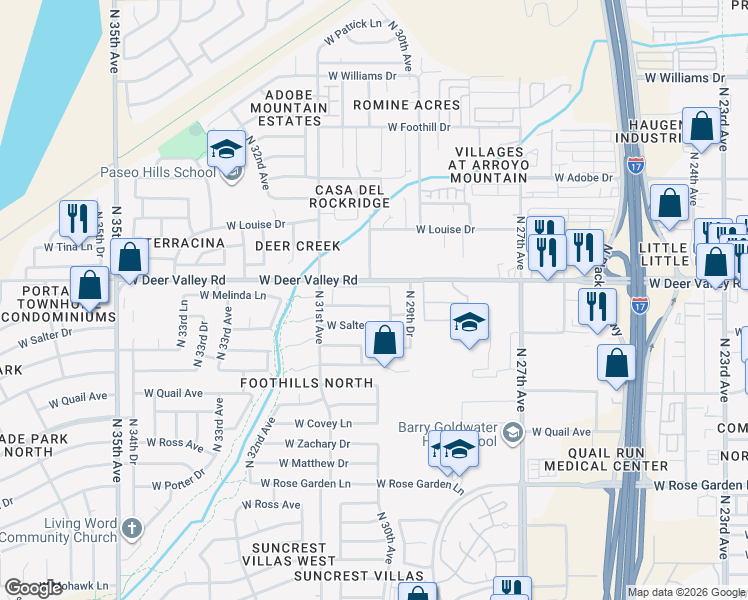 map of restaurants, bars, coffee shops, grocery stores, and more near 3016 West Salter Drive in Phoenix