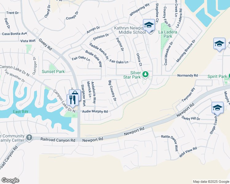 map of restaurants, bars, coffee shops, grocery stores, and more near 30195 Old Mill Road in Menifee