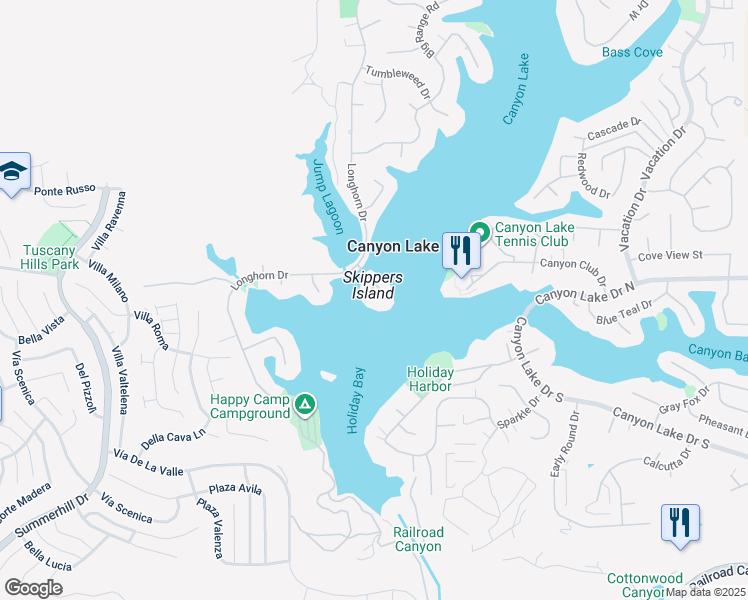 map of restaurants, bars, coffee shops, grocery stores, and more near 22214 Treasure Island Drive in Canyon Lake