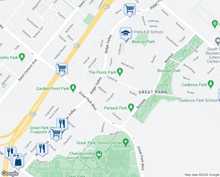 map of restaurants, bars, coffee shops, grocery stores, and more near 325 Magnet in Irvine
