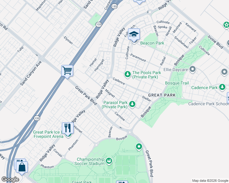 map of restaurants, bars, coffee shops, grocery stores, and more near 325 Magnet in Irvine