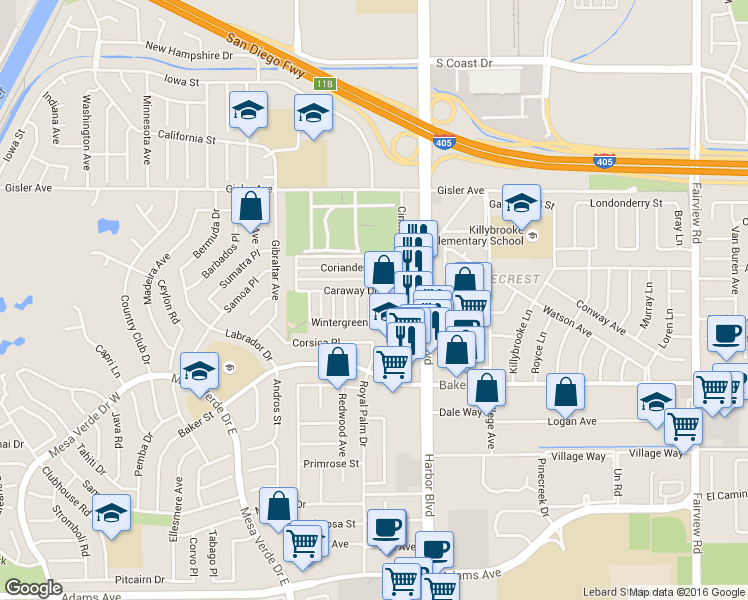 map of restaurants, bars, coffee shops, grocery stores, and more near 3094 Mace Avenue in Costa Mesa
