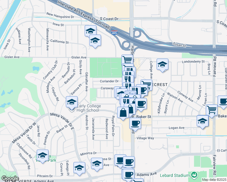 map of restaurants, bars, coffee shops, grocery stores, and more near 3095 Ginger Avenue in Costa Mesa