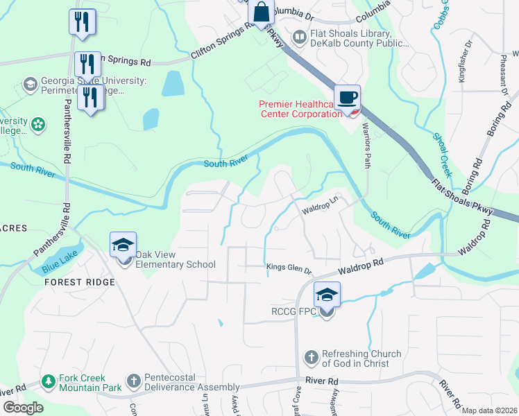 map of restaurants, bars, coffee shops, grocery stores, and more near 3436 Waldrop Trail in Decatur