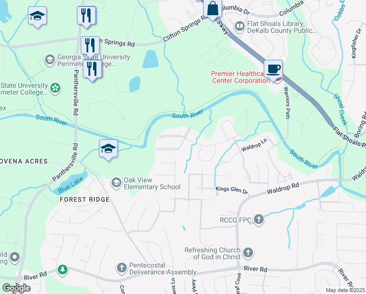 map of restaurants, bars, coffee shops, grocery stores, and more near 3487 Waldrop Trail in Decatur