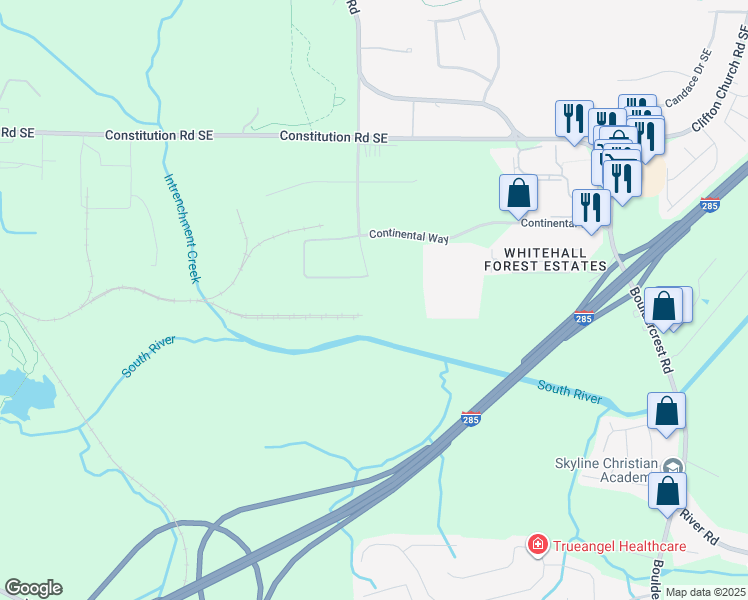 map of restaurants, bars, coffee shops, grocery stores, and more near 3455 International Park Drive Southeast in Atlanta
