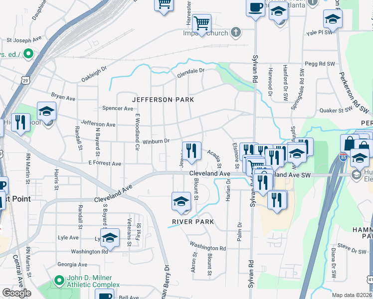 map of restaurants, bars, coffee shops, grocery stores, and more near 2666 Jewel Street in East Point