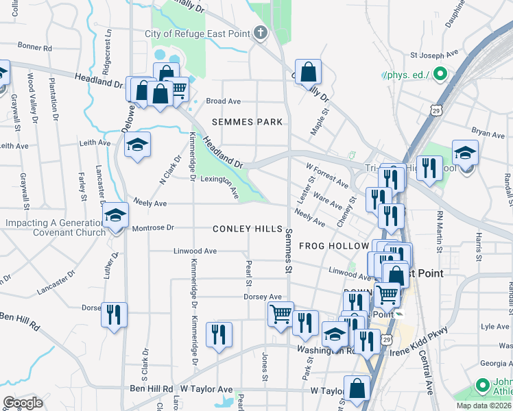 map of restaurants, bars, coffee shops, grocery stores, and more near 1866 Neely Avenue in East Point