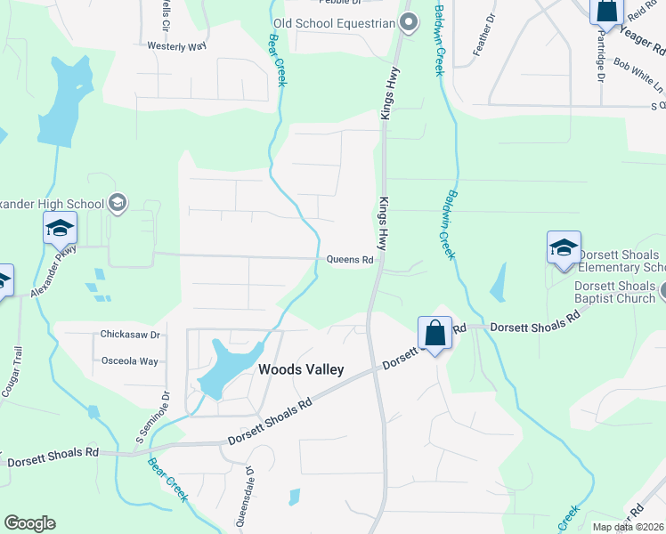 map of restaurants, bars, coffee shops, grocery stores, and more near 6175 Queens Road in Douglasville