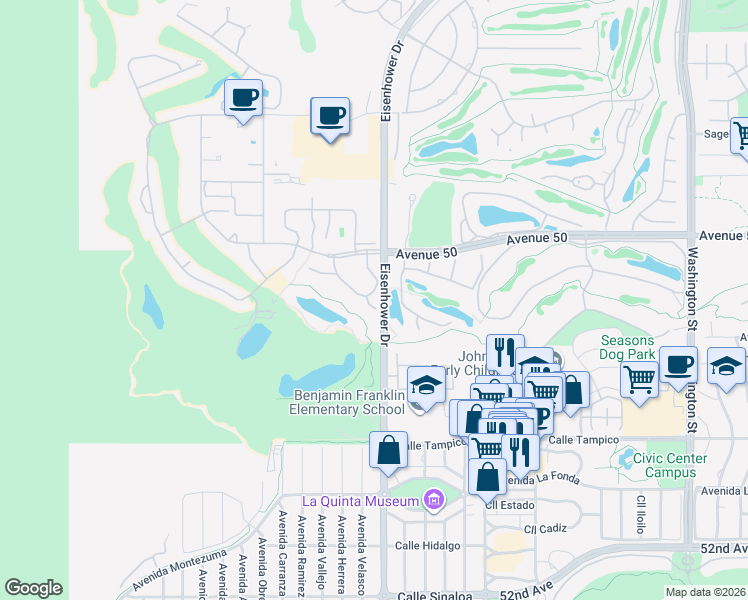 map of restaurants, bars, coffee shops, grocery stores, and more near 50182 Calle Maria in La Quinta