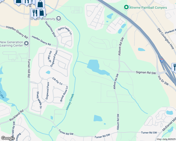 map of restaurants, bars, coffee shops, grocery stores, and more near 2753 Lakeside Drive Southwest in Conyers