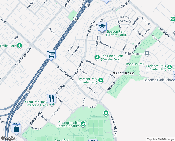 map of restaurants, bars, coffee shops, grocery stores, and more near 137 Terrapin in Irvine