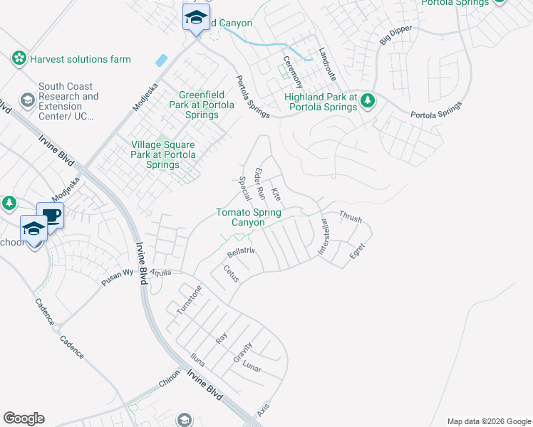 map of restaurants, bars, coffee shops, grocery stores, and more near 52 Eider Run in Irvine