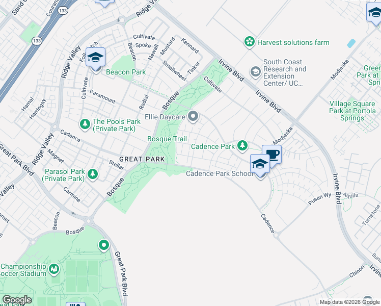 map of restaurants, bars, coffee shops, grocery stores, and more near 163 Crossover in Irvine