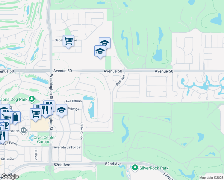 map of restaurants, bars, coffee shops, grocery stores, and more near Muirfield Way in La Quinta