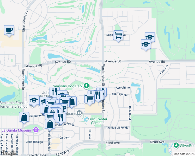 map of restaurants, bars, coffee shops, grocery stores, and more near 78055 Calle Norte in La Quinta