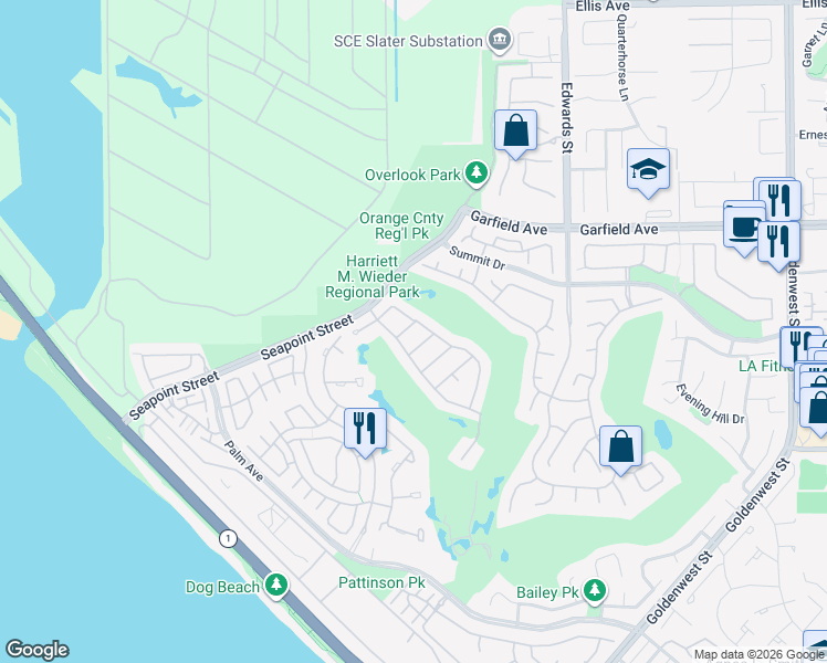 map of restaurants, bars, coffee shops, grocery stores, and more near 6312 Doral Drive in Huntington Beach
