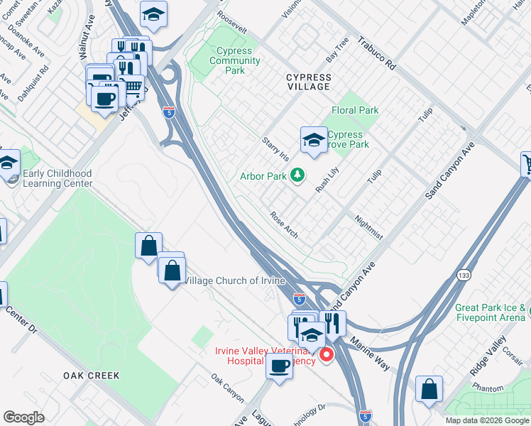 map of restaurants, bars, coffee shops, grocery stores, and more near 144 Rose Arch in Irvine