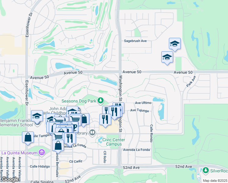 map of restaurants, bars, coffee shops, grocery stores, and more near 78055 Calle Norte in La Quinta
