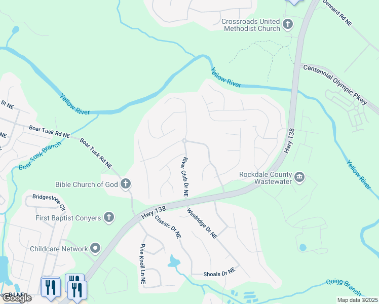map of restaurants, bars, coffee shops, grocery stores, and more near 1329 River Club Drive Northeast in Conyers