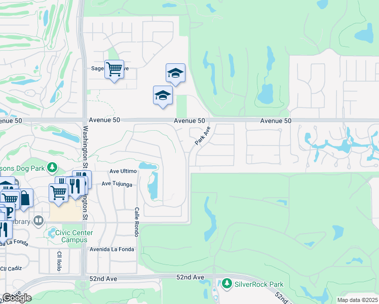map of restaurants, bars, coffee shops, grocery stores, and more near Muirfield Way in La Quinta