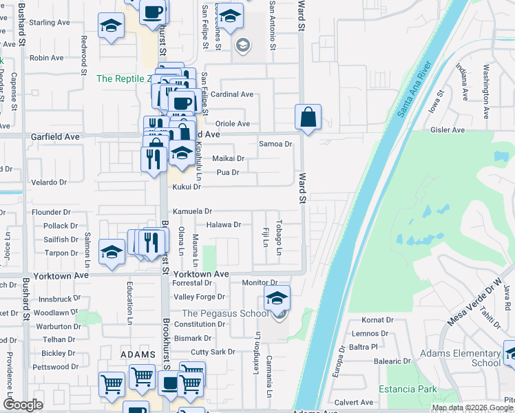 map of restaurants, bars, coffee shops, grocery stores, and more near 10321 Kamuela Drive in Huntington Beach