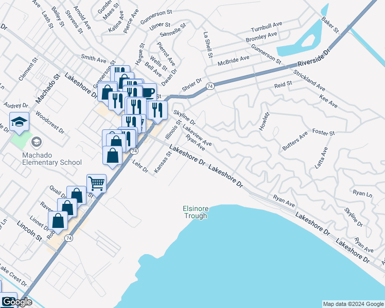 map of restaurants, bars, coffee shops, grocery stores, and more near 2091 East Lakeshore Drive in Lake Elsinore