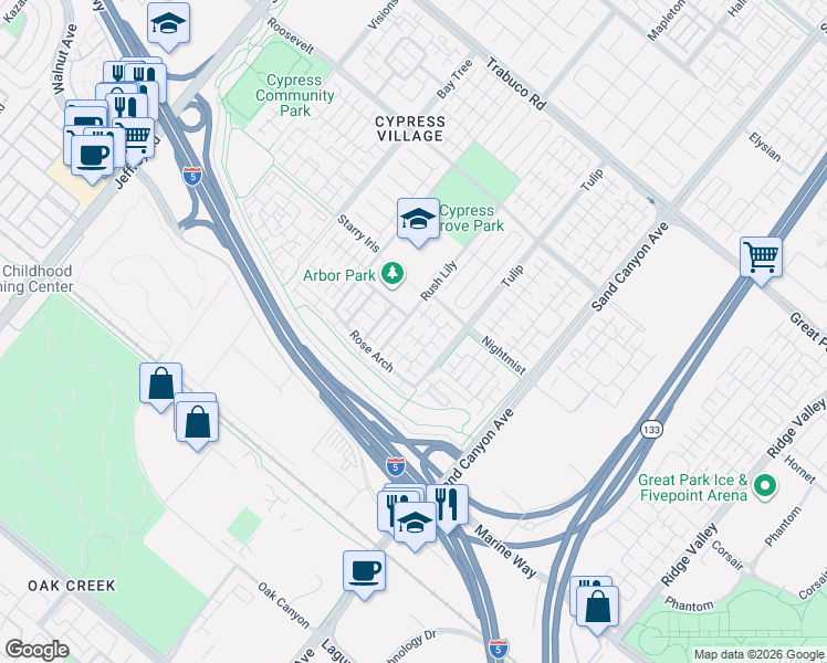 map of restaurants, bars, coffee shops, grocery stores, and more near 61 Ivory Petal in Irvine