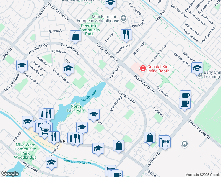 map of restaurants, bars, coffee shops, grocery stores, and more near 16 East Yale Loop in Irvine