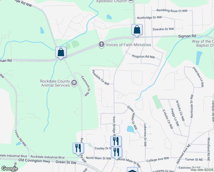 map of restaurants, bars, coffee shops, grocery stores, and more near 1146 Pinedale Circle Northwest in Conyers