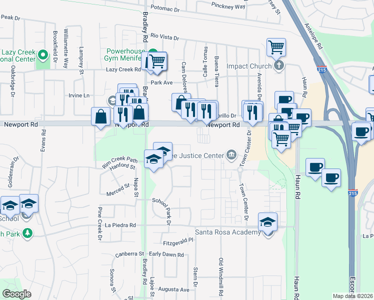map of restaurants, bars, coffee shops, grocery stores, and more near 27220 Kepler Street in Menifee