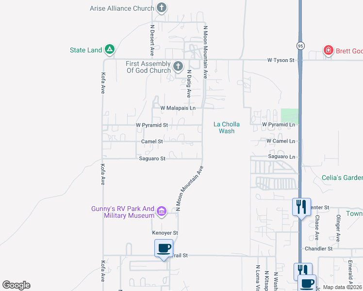 map of restaurants, bars, coffee shops, grocery stores, and more near 627 Camel Street in Quartzsite