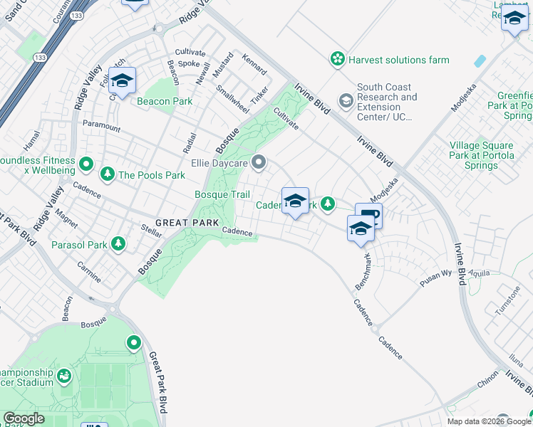 map of restaurants, bars, coffee shops, grocery stores, and more near 125 Pastel in Irvine