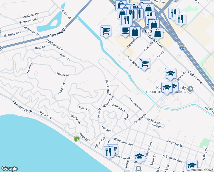 map of restaurants, bars, coffee shops, grocery stores, and more near Strickland Avenue in Lake Elsinore