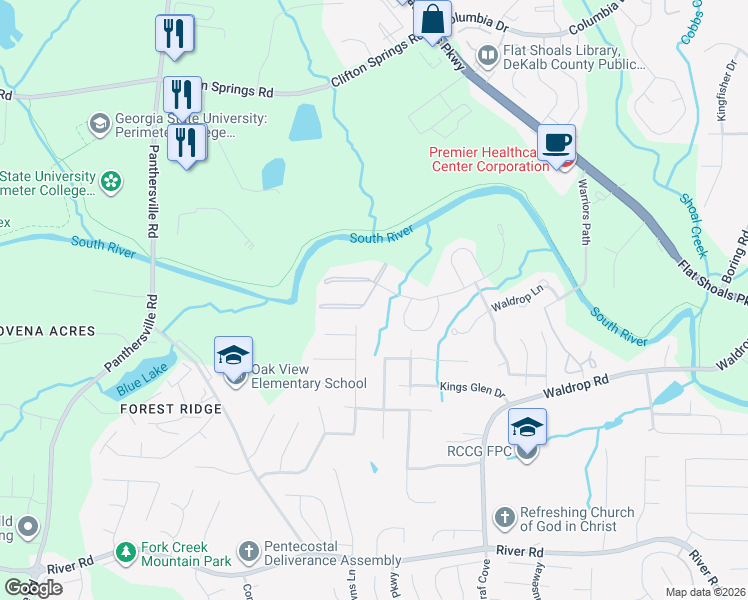 map of restaurants, bars, coffee shops, grocery stores, and more near 3487 Waldrop Trail in Decatur