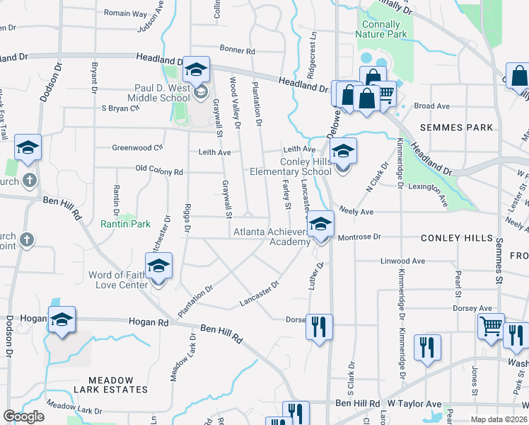 map of restaurants, bars, coffee shops, grocery stores, and more near 2681 Plantation Drive in East Point