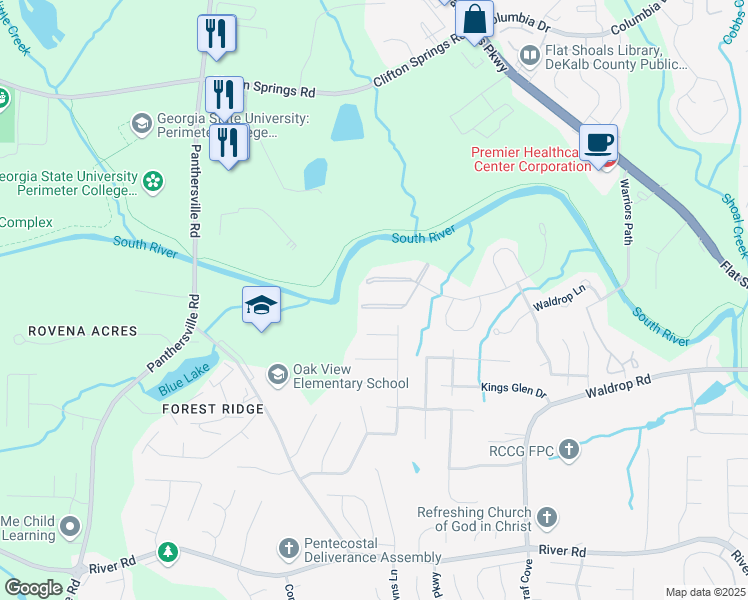 map of restaurants, bars, coffee shops, grocery stores, and more near 10303 Waldrop Place in Decatur