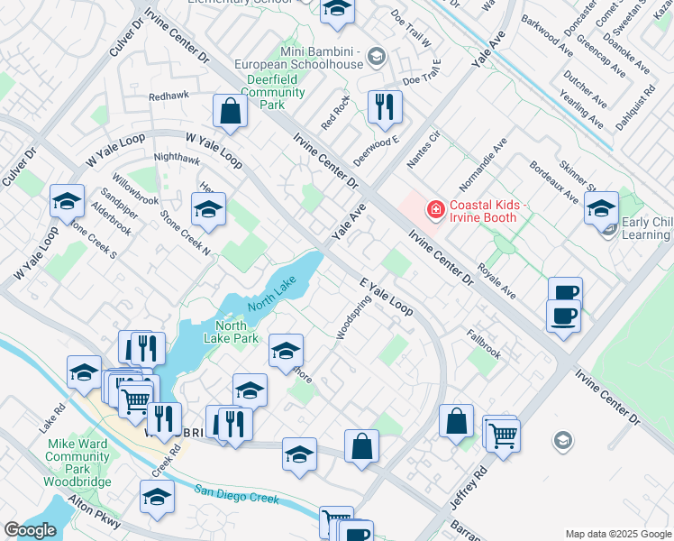 map of restaurants, bars, coffee shops, grocery stores, and more near 16 East Yale Loop in Irvine