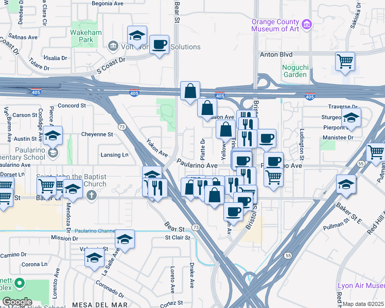 map of restaurants, bars, coffee shops, grocery stores, and more near 801 Megan Court in Costa Mesa