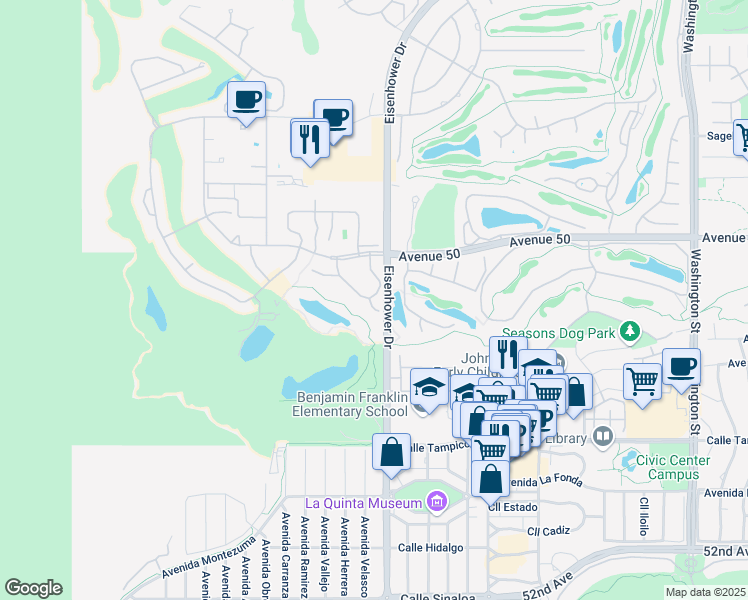 map of restaurants, bars, coffee shops, grocery stores, and more near 50182 Calle Maria in La Quinta