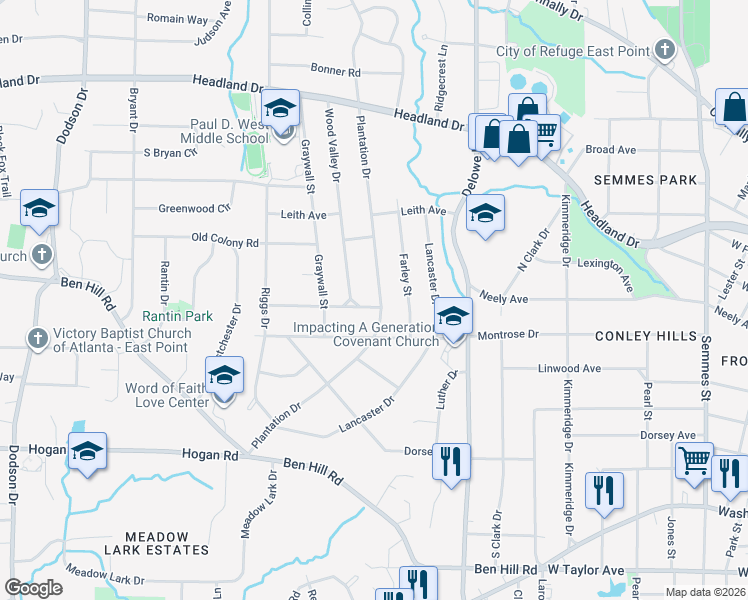 map of restaurants, bars, coffee shops, grocery stores, and more near 2651 Plantation Drive in Atlanta